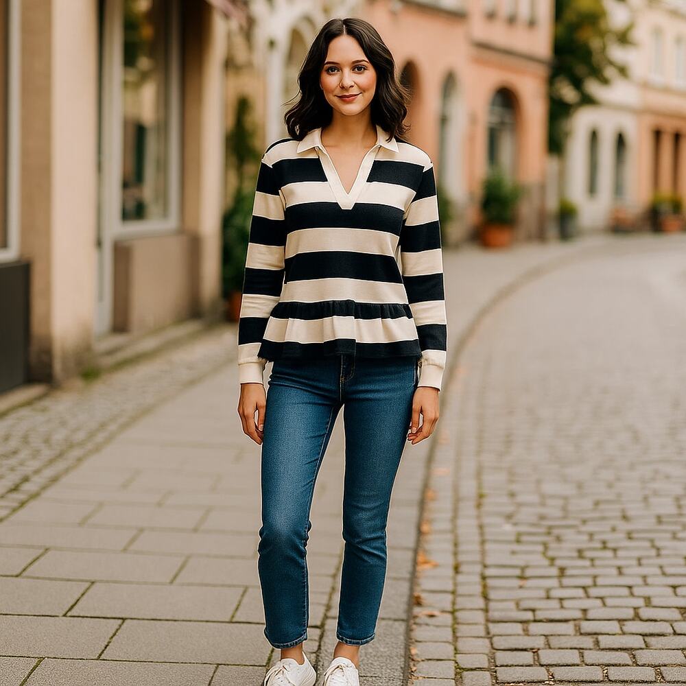Abound Striped Top Collared Split Neck Peplum